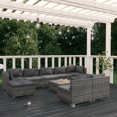 vidaXL 10 Piece Patio Lounge Set with Cushions Gray Poly Rattan