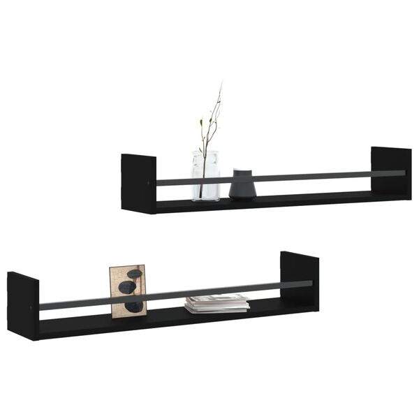 vidaXL Wall Shelf Set of 2 Black Engineered wood, Steel Medium