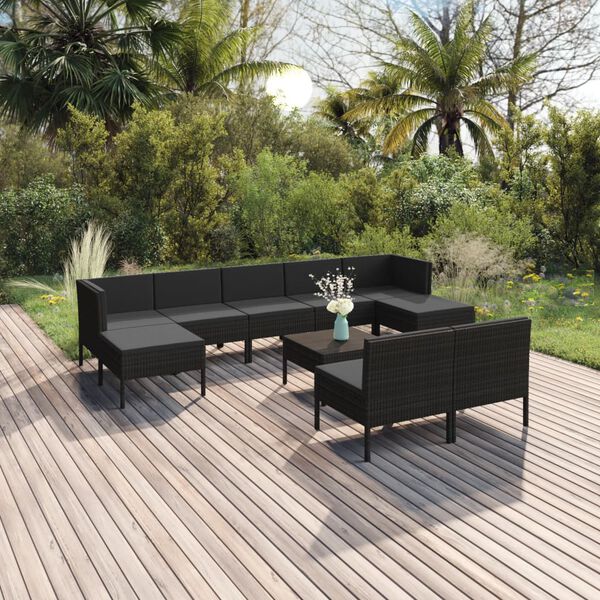 vidaXL Garden Lounge Set Black PE rattan, powder-coated steel, polyester