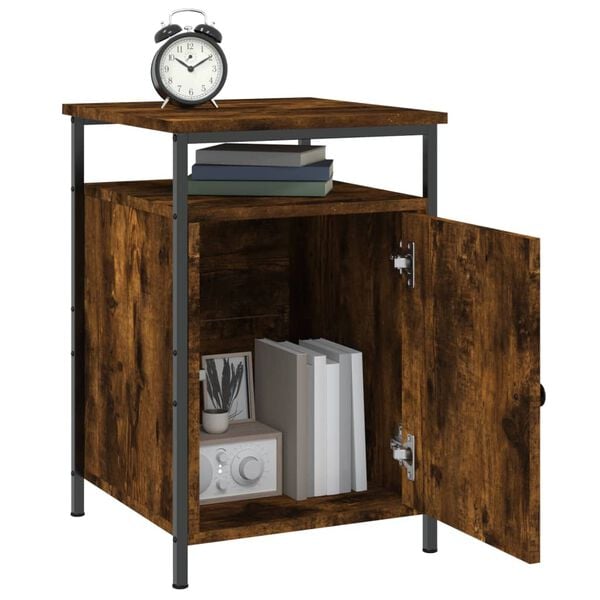 vidaXL Bedside Cabinet Smoked Oak Engineered Wood, Iron Compact