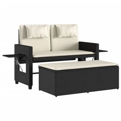 vidaXL Reclining Patio Bench with Cushions Black Poly Rattan