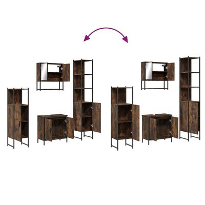 assembled modular bathroom furniture pieces with multiple items shown and an arrow indicating rearrangement into a set.