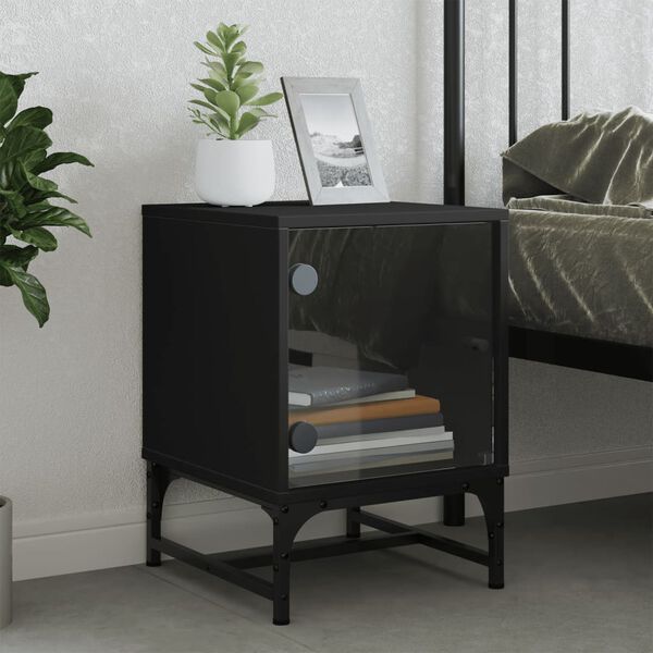 vidaXL Bedside Cabinet Black Engineered wood, glass, steel