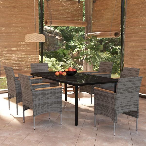 vidaXL Garden Dining Set Gray PE rattan 7 Piece Tough