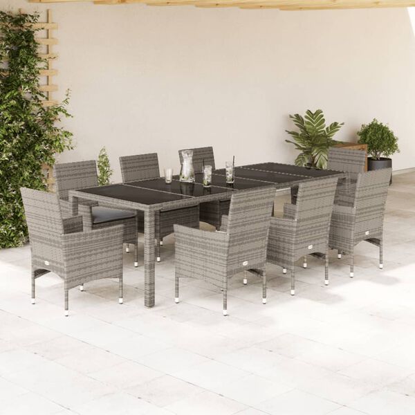 vidaXL 9 Piece Patio Dining Set with Cushions Grey Poly Rattan and Glass