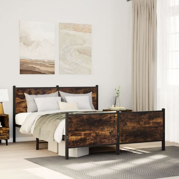 vidaXL Bed Frame Smoked Oak Steel, Engineered Wood 55.1 x 78.7 in