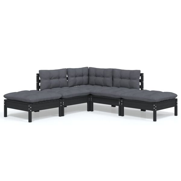 vidaXL Garden Lounge Set Black Solid pine wood, fabric (100% polyester)