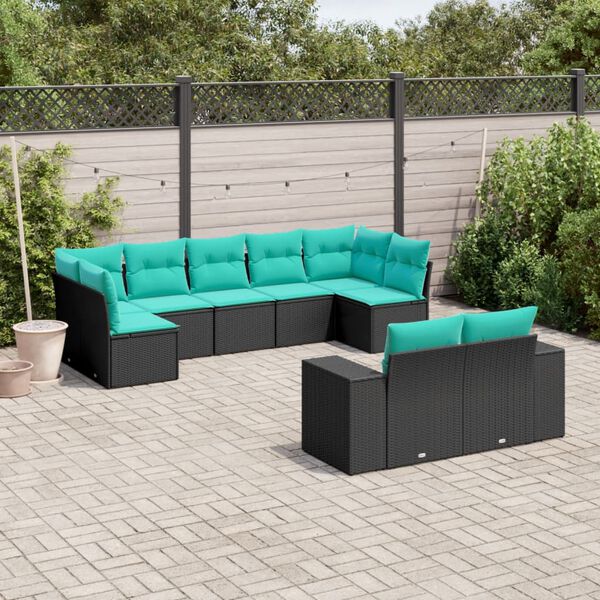 vidaXL Patio Sofa Set Black with Blue Cushions