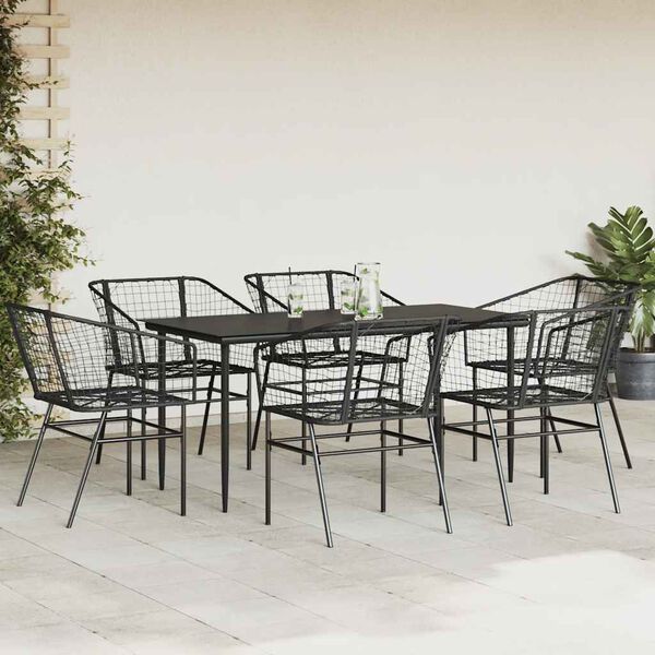 vidaXL 7 Piece Patio Dining Set Black Poly Rattan Glass