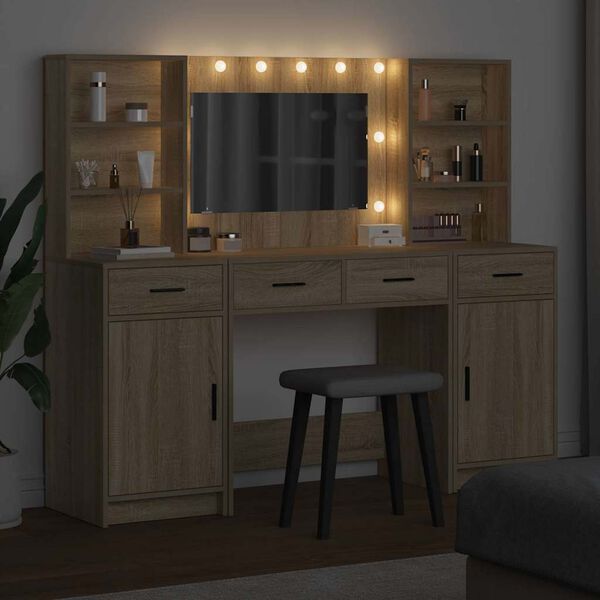 vidaXL Dressing Table Set with LED 3 pcs Sonoma Oak Engineered Wood