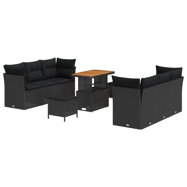 vidaXL Garden Sofa Set with Cushion 9 pcs Black Poly Rattan