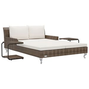 vidaXL Sun Lounger Brown and Cream Poly Rattan, Powder-Coated Steel, Fabric
