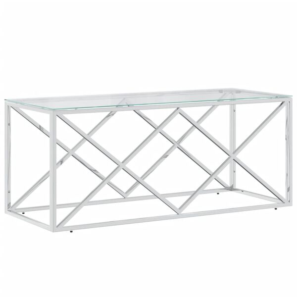 vidaXL Coffee Table Silver Stainless Steel and Tempered Glass Medium