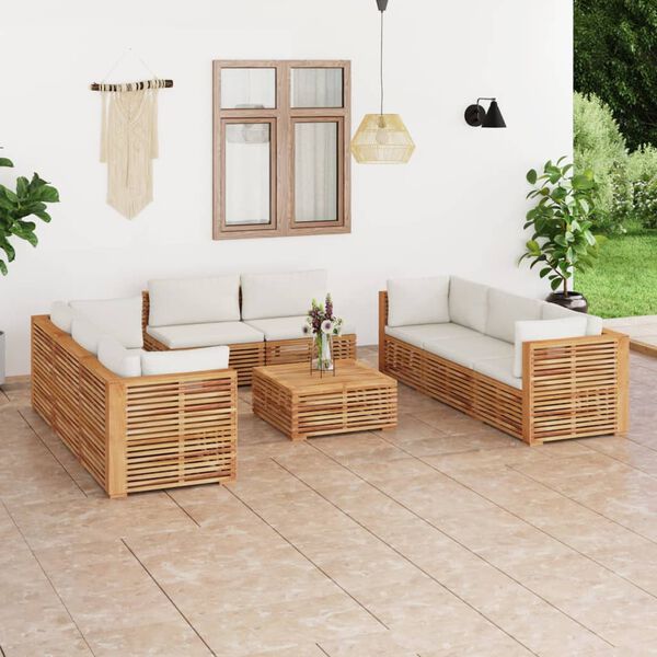 vidaXL 9 Piece Patio Lounge Set with Cream Cushion Solid Teak Wood