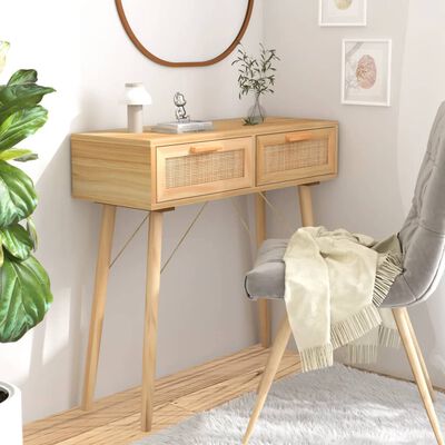 vidaXL Console Table Brown 31.5"x11.8"x29.5" Solid Wood Pine&Natural Rattan