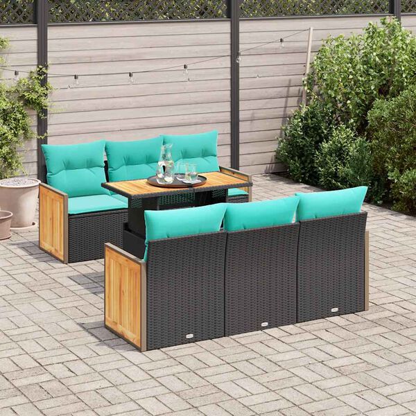 vidaXL 7 Piece Patio Sofa Set with Cushions Black Poly Rattan Acacia