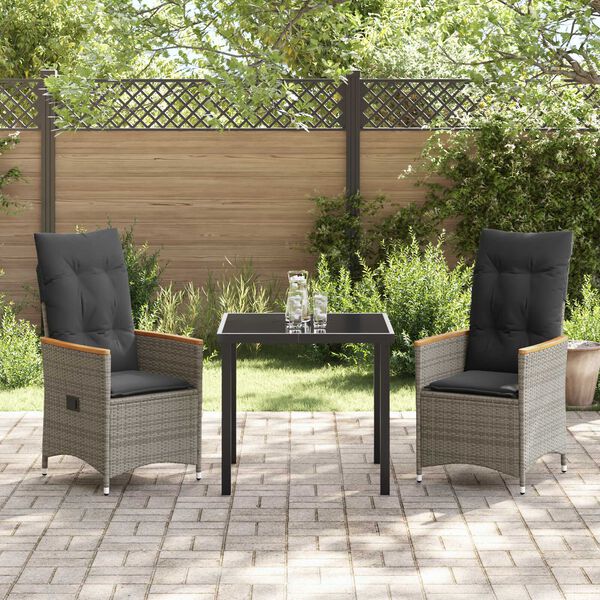 vidaXL Garden Dining Set with Cushion 3 pcs Grey Poly Rattan