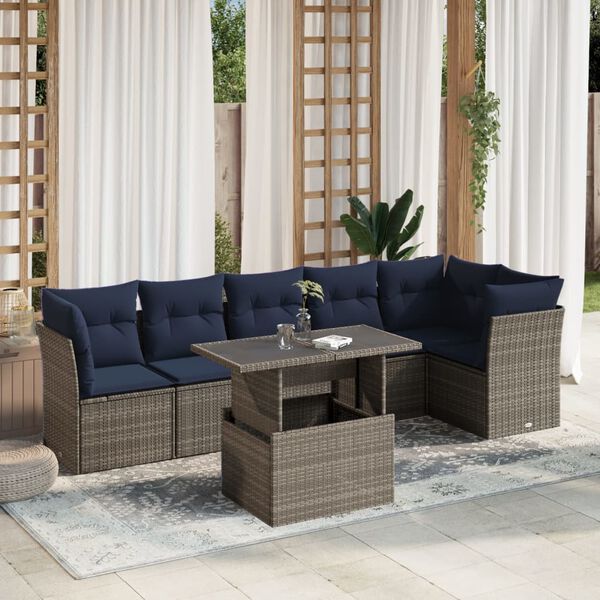 vidaXL 7 Piece Garden Sofa Set with Cushions Grey Poly Rattan