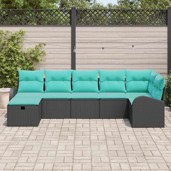 vidaXL Sofa Set with Cushion 7 pcs Black and Turquoise Poly Rattan