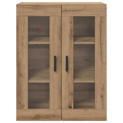 Tall wooden cabinet with two glass doors, multiple shelves