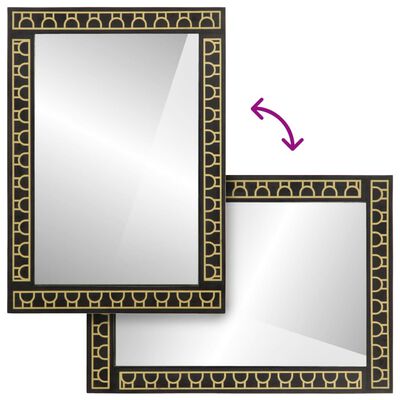 Two overlapping mirrors with black frames and gold trim showing swiveling arrows indicating movement to become one panel.