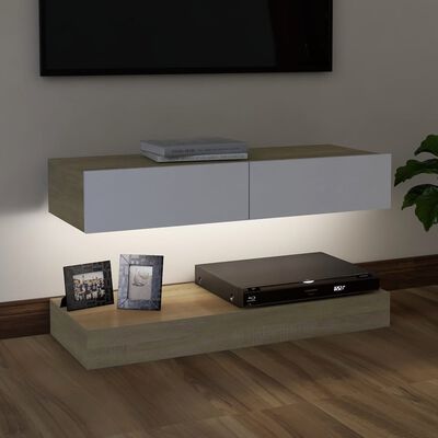 vidaXL TV Cabinet with LED Lights White and Sonoma Oak 35.4"x13.8"