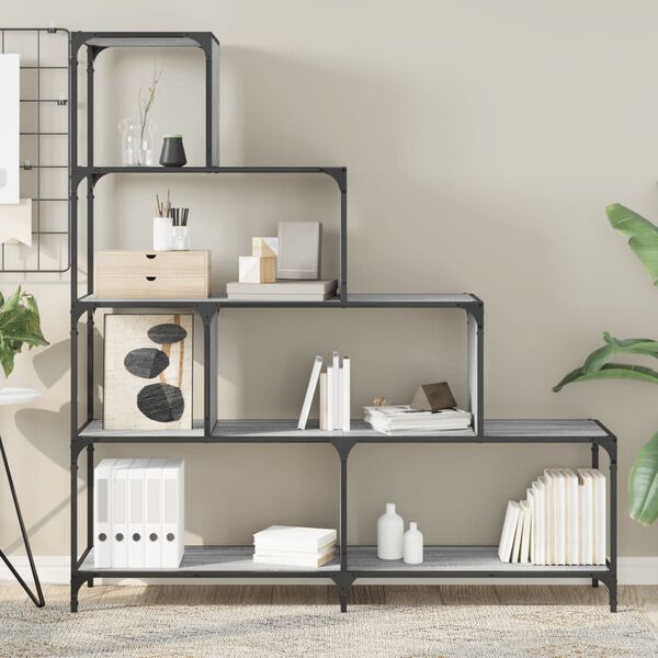 vidaXL Bookcase Grey Sonoma Engineered Wood, Powder-Coated Steel Medium
