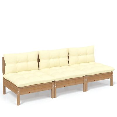 vidaXL 3-Seater Patio Sofa with Cream Cushions Solid Pinewood