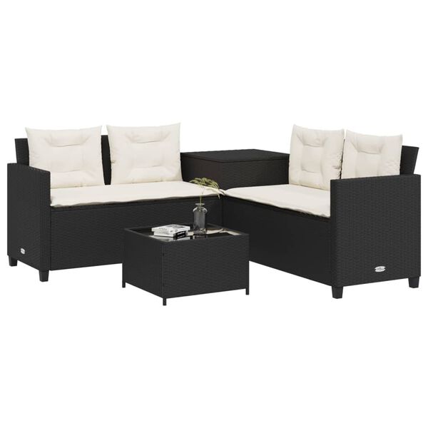 vidaXL Patio Sofa with Table and Cushions L-Shaped Black Poly Rattan