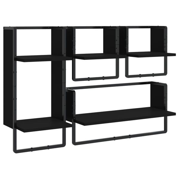 vidaXL Wall Shelf Set Set of 4 Black Engineered wood, metal Small