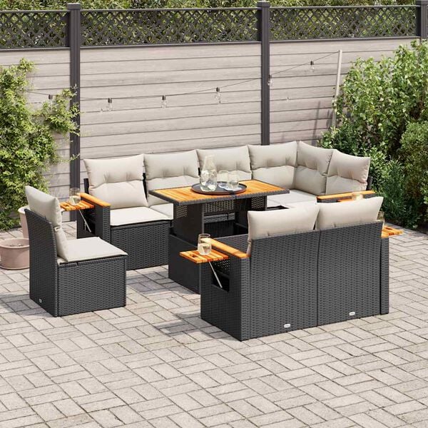 vidaXL Garden Sofa Set Black Poly Rattan, Acacia Wood, Powder-Coated Steel