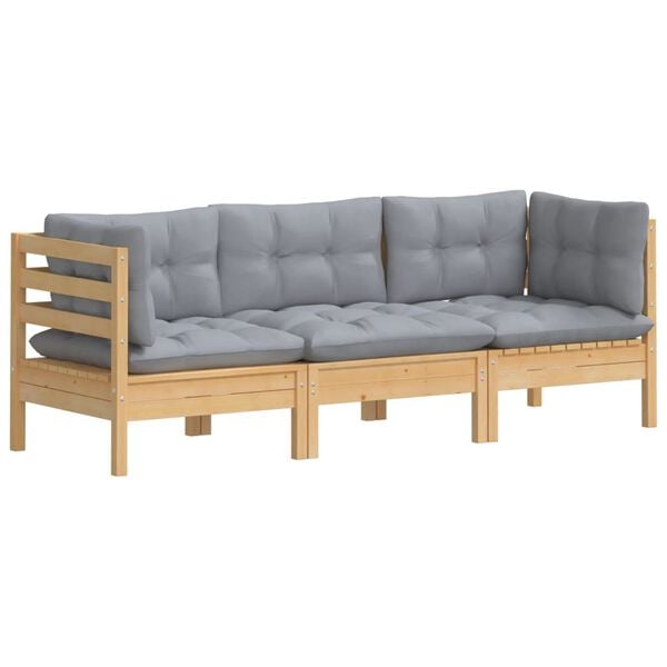 vidaXL 3-seater Garden Sofa Grey Cushion, Pine Wood
