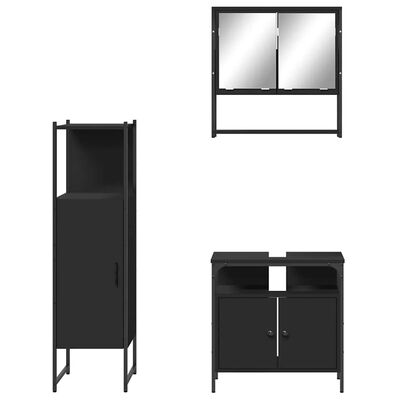 Three piece black bathroom storage set with wall cabinet, tall cabinet, and sink vanity