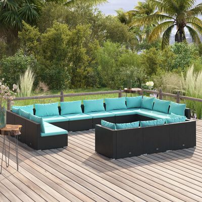 vidaXL 13 Piece Patio Lounge Set with Cushions Black Poly Rattan