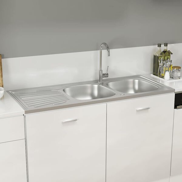 vidaXL Kitchen Sink with Double Sinks Silver 47.24x23.62x6.10" Stainless Steel