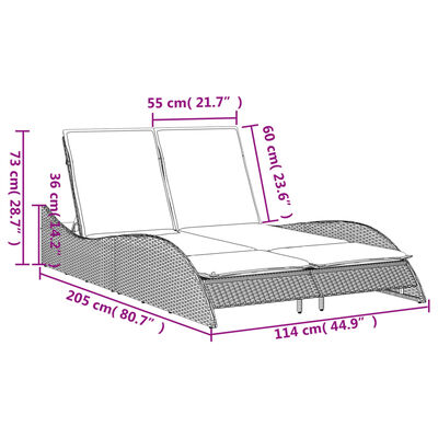 Dimensions diagram of the outdoor chaise with measurements in cm and inches