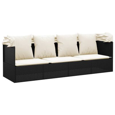 Outdoor sofa with multiple back cushions and seat cushions, beige canopy.