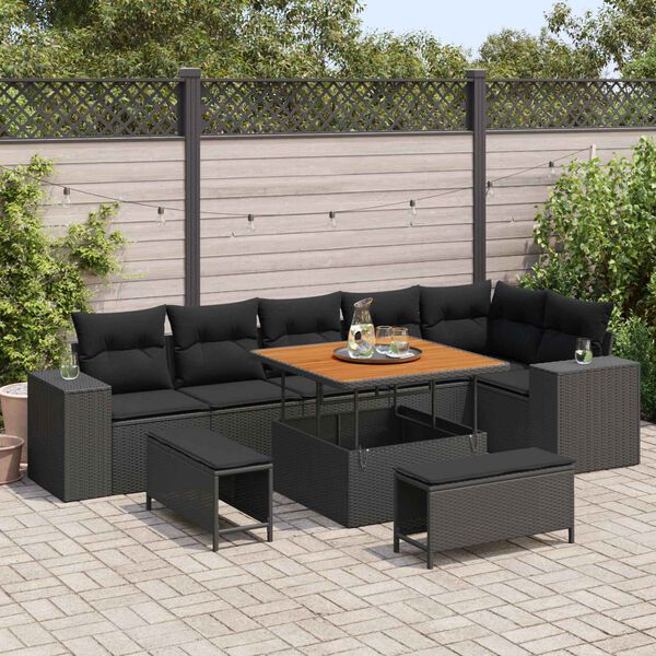 vidaXL Garden Sofa Set with Cushion 9 pcs Black Poly Rattan