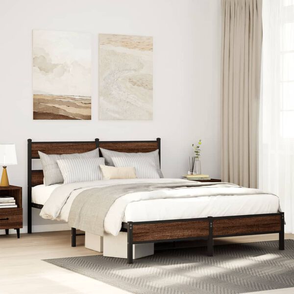 vidaXL Bed Frame Brown Oak Steel, Engineered Wood Full Rectangular