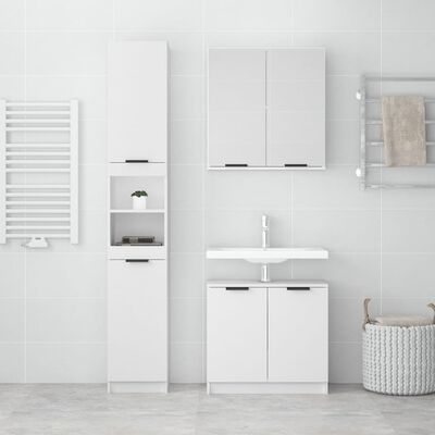 White bathroom vanity with sink, tall storage cabinet and wall cabinet, all in a matching modern minimalist style.