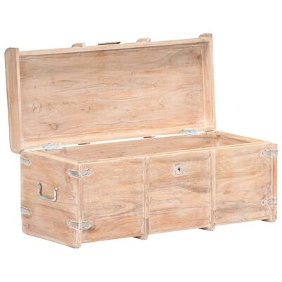 Open wooden chest with lid raised, light wood finish and internal compartments visible.