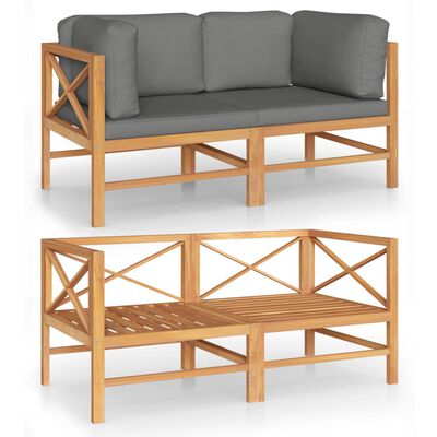 vidaXL 2-Seater Patio Sofa with Gray Cushions Solid Teak Wood