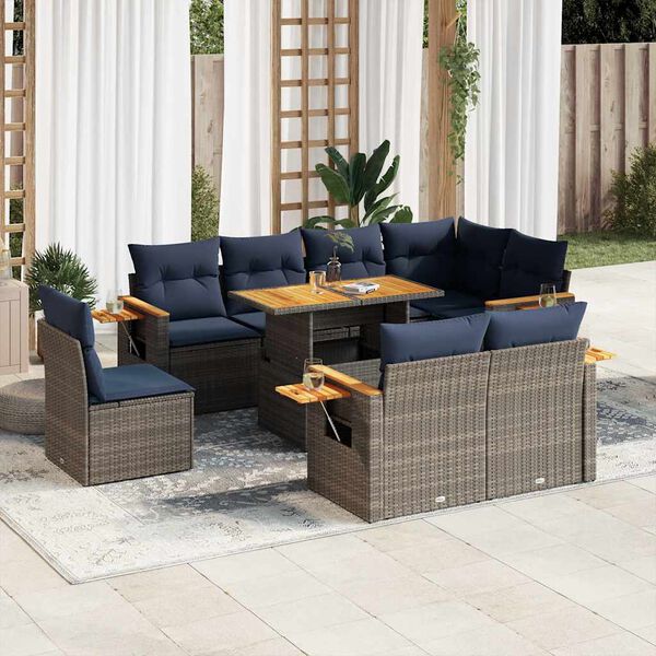 vidaXL 9 Piece Patio Sofa Set with Cushions Gray Poly Rattan Acacia