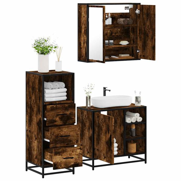 vidaXL Bathroom Furniture Set Smoked oak Engineered wood, metal, glass