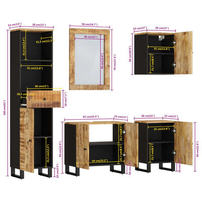 Assembly/dimensions diagram for multiple rustic wood and black metal cabinets showing measurements