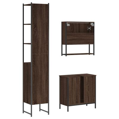 Group of bathroom storage units including tall cabinet, wall cabinet, and two drawers cabinet