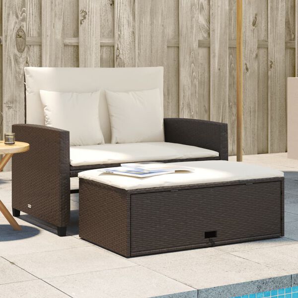 vidaXL Patio Sofa with Cushions 2-Seater Brown Poly Rattan