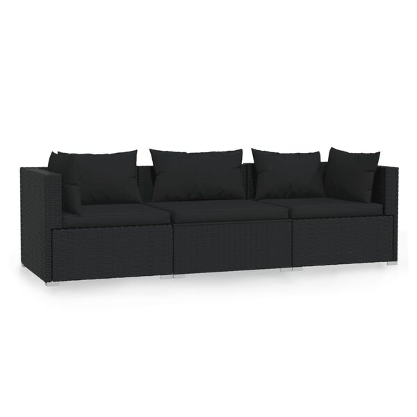 vidaXL 3-seater Sofa Black Poly Rattan, Powder-Coated Steel, Polyester