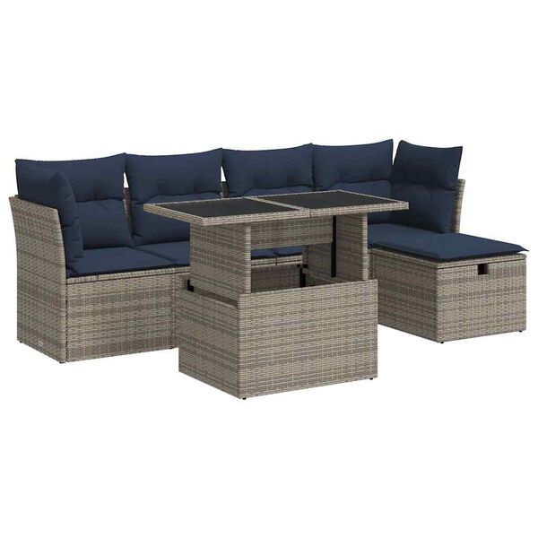 vidaXL 6 Piece Patio Sofa Set with Cushions Gray Poly Rattan Acacia