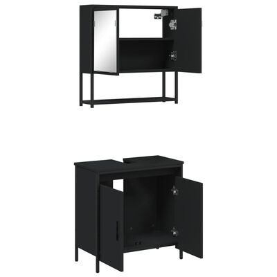 Open wall cabinet and open vanity cabinet in a bathroom setup.